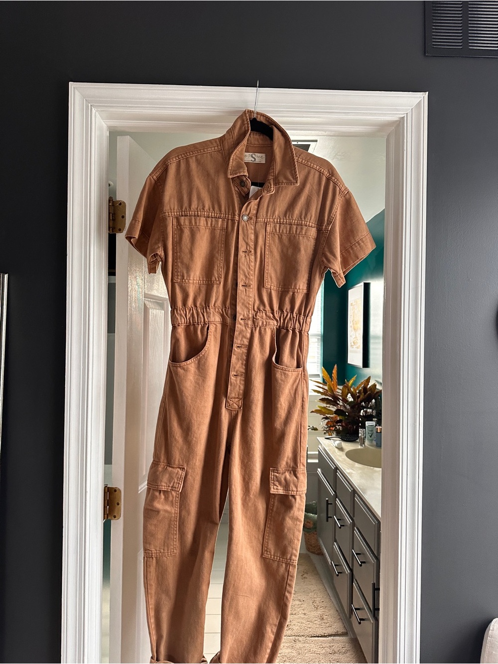 Free People Rust Brown Short-Sleeve Utility Jumpsuit